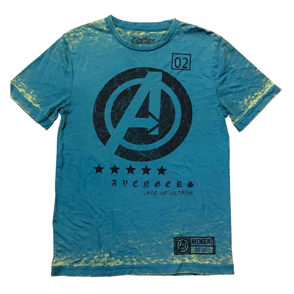 Marvel Avengers Age of Ultron Graphic T-Shirt Teal Blue Acid Wash Mens Small S